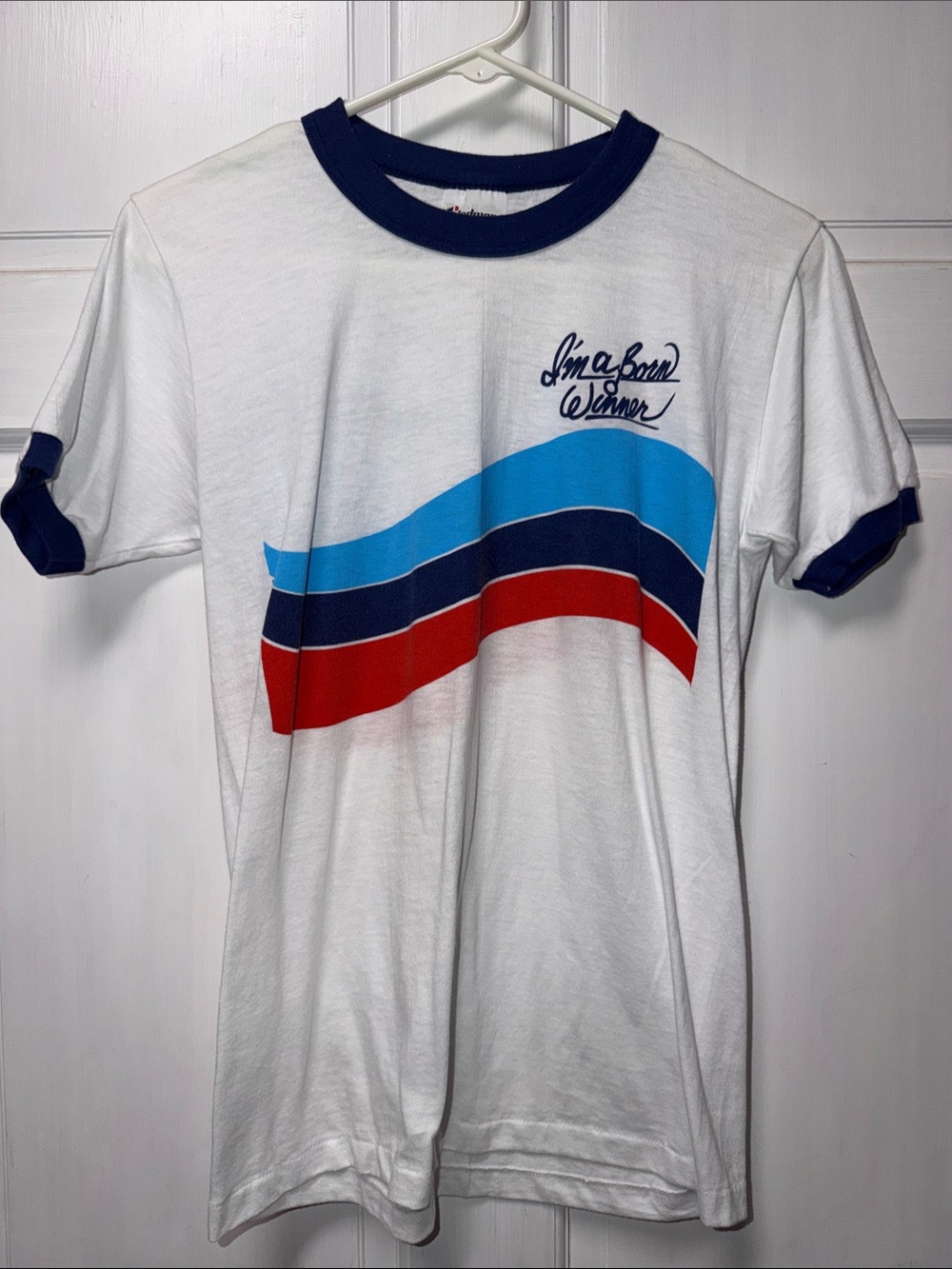 Actual 80’s New Retro Wave Stripe Ringer Tee White with Blue & Red Medium Unisex